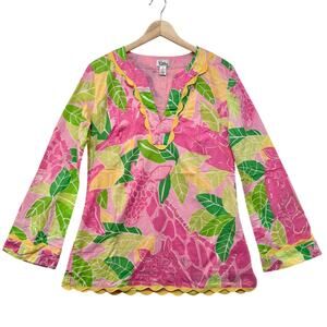 90s Vintage Lilly Pulitzer Tunic Top Pink Giraffe Ric Rac Trim Tropical Womens M